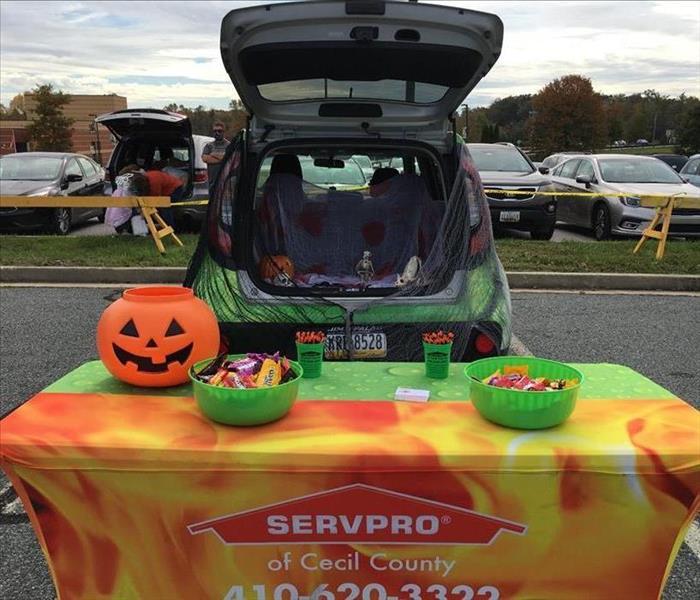 SERVPRO car with trunk decorated for Halloween