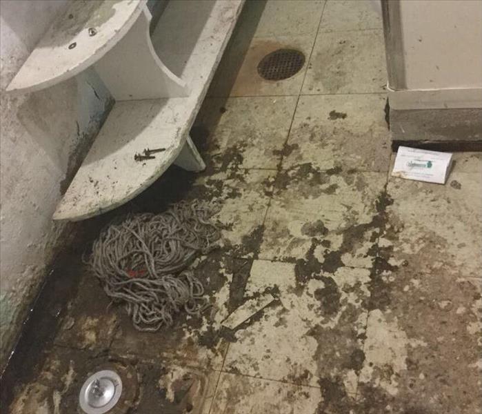 sewage on floor in bathroom before cleaning